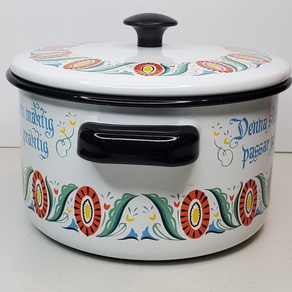 Berggren Vintage Swedish Folk Art Enamelware Pot with Lid - Picture 5 of 14